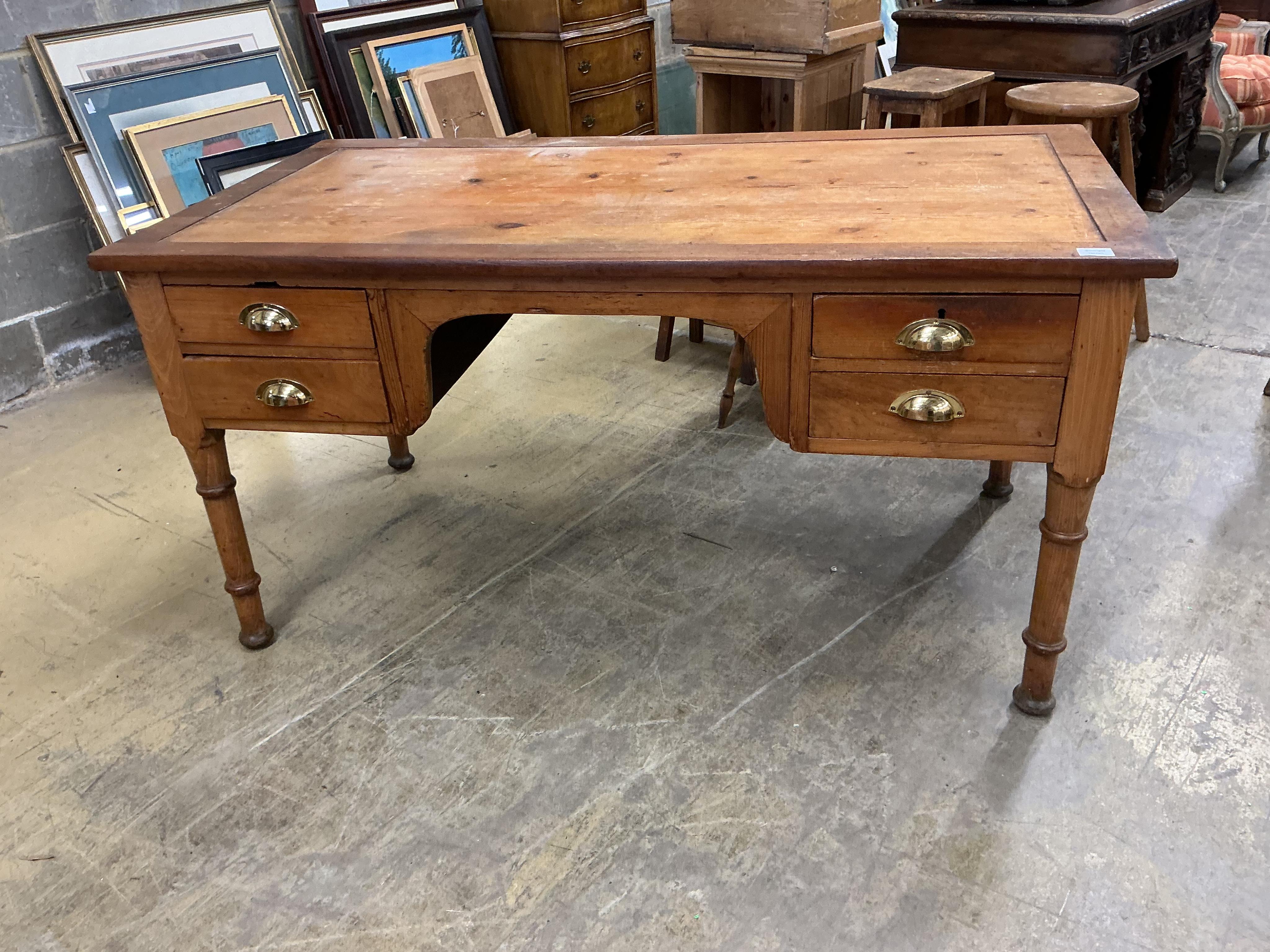 A Victorian walnut and pine kneehole desk, width 151cm, depth 79cm, height 76cm